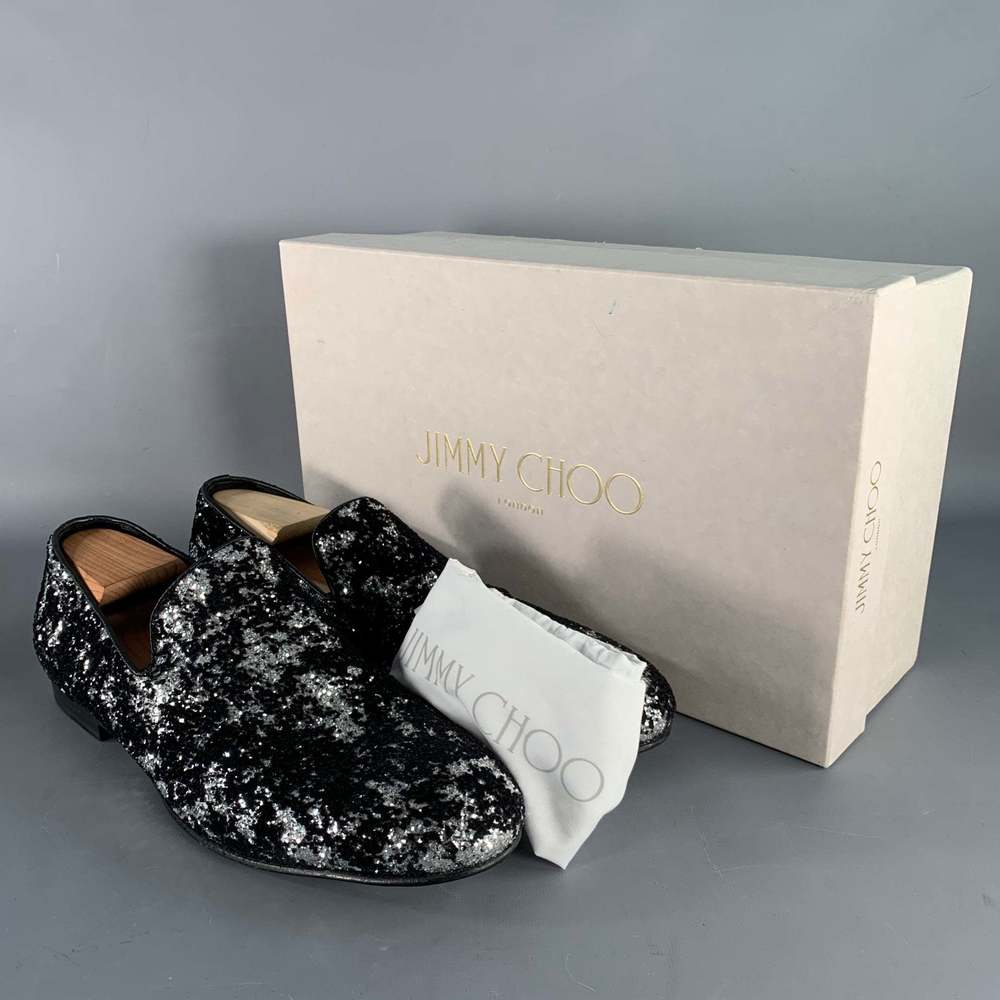 JIMMY CHOO Velvet Glitter Devore Sloan Black Silver Slip On Loafers - Picture 9 of 10